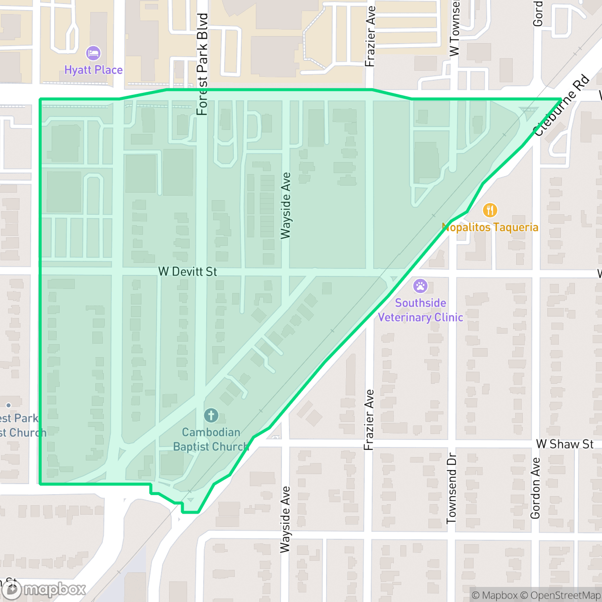 Map showing the location of Byers McCart, Fort Worth, TX