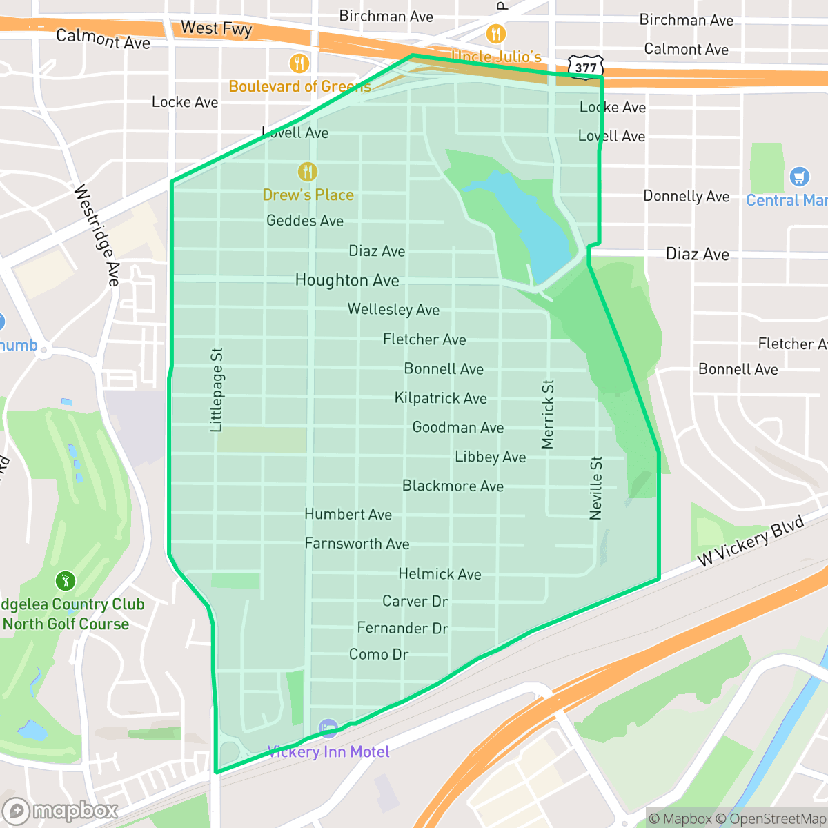 Map showing the location of Como, Fort Worth, TX