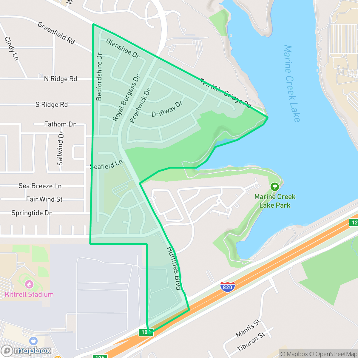 Map showing the location of Marine Creek, Fort Worth, TX