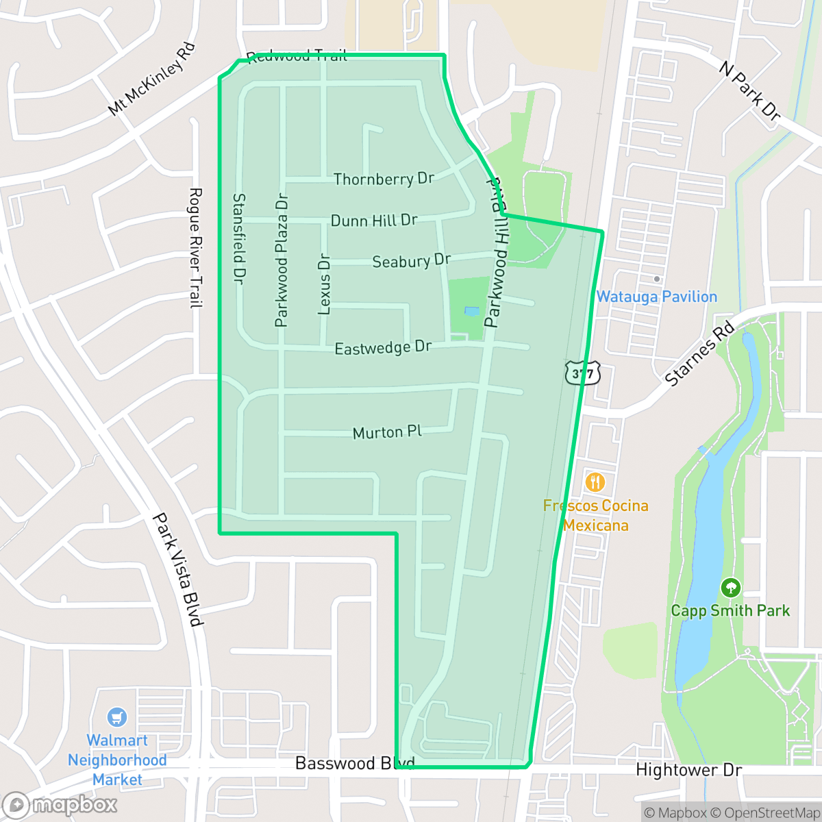 Map showing the location of Parkwood Hills, Fort Worth, TX