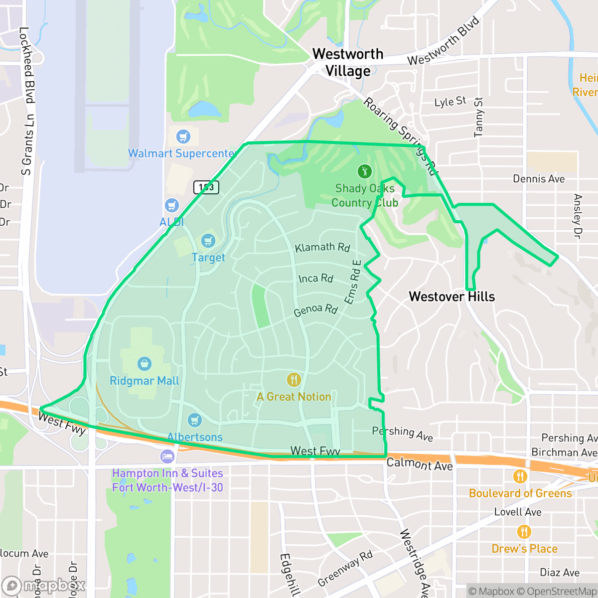 Map showing the location of Ridgmar, Fort Worth, TX