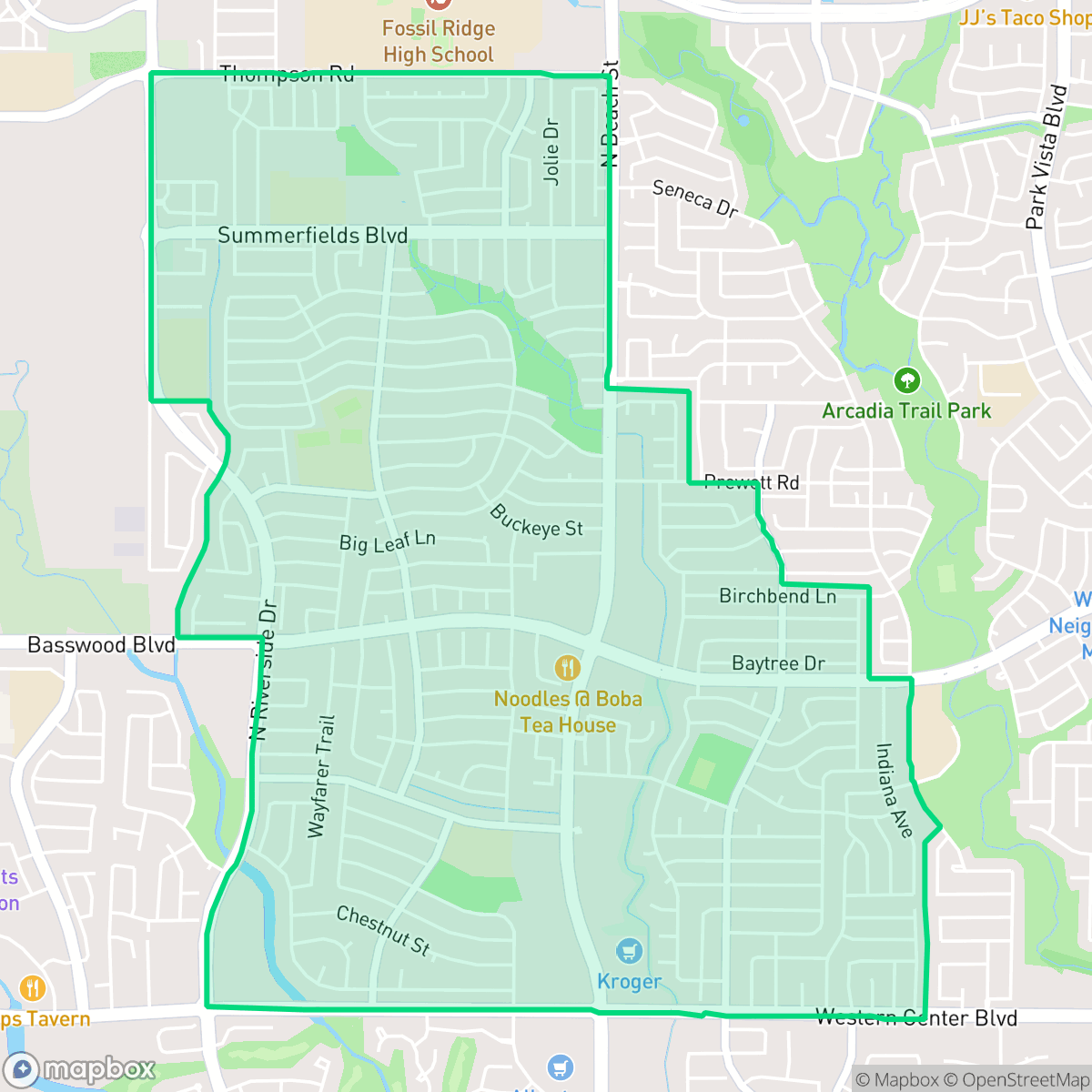 Map showing the location of Summerfields, Fort Worth, TX