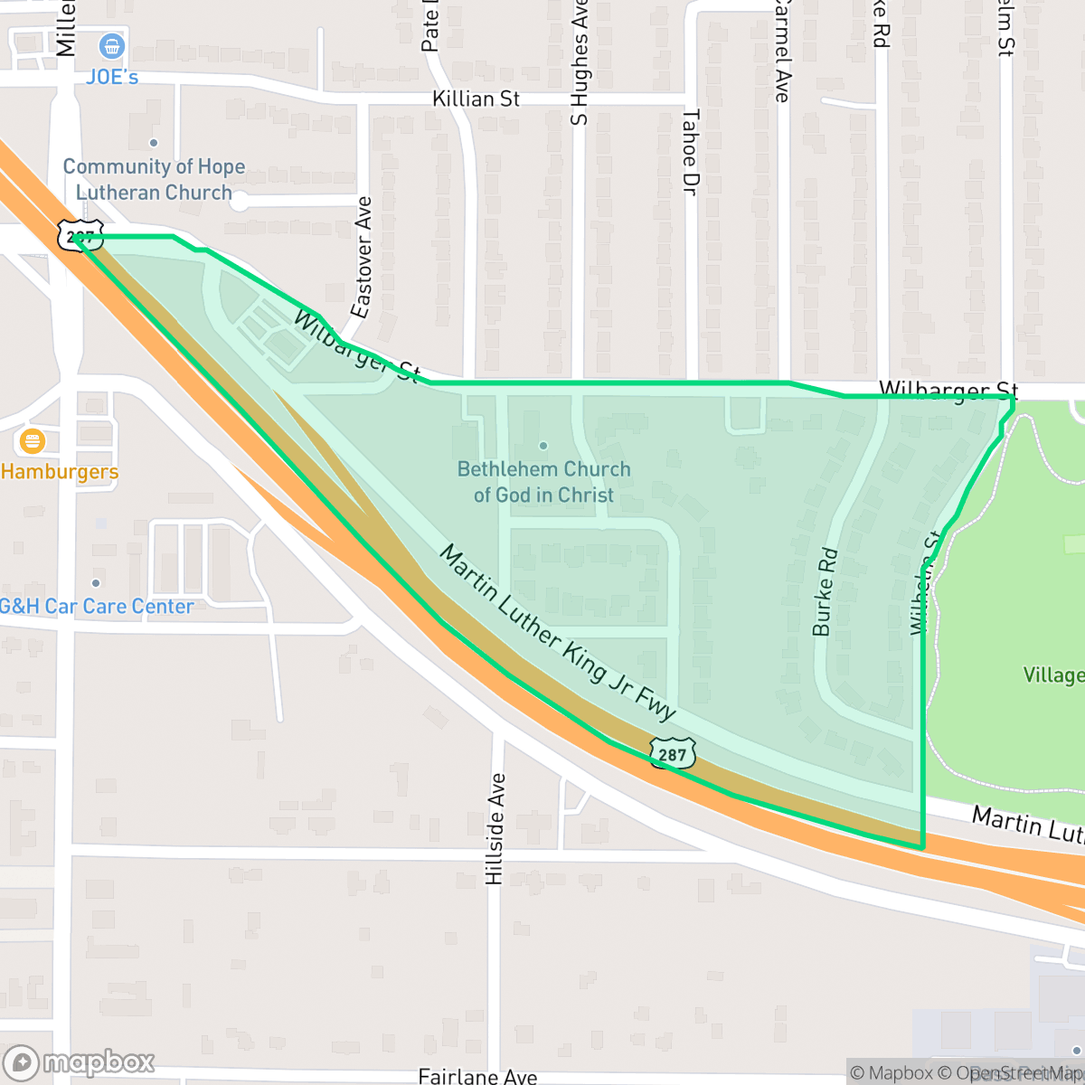 Map showing the location of Village Creek, Fort Worth, TX