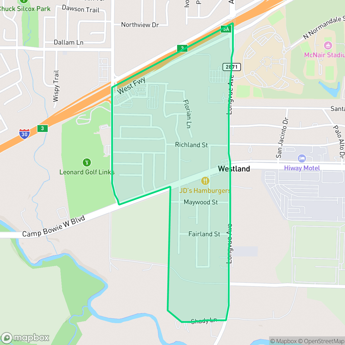 Map showing the location of Westland, Fort Worth, TX