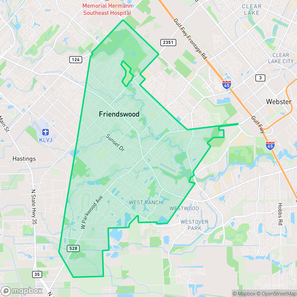 Map showing the location of Friendswood, TX — coverage area