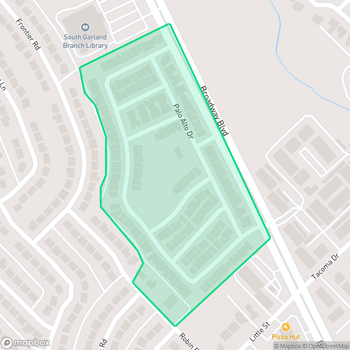 Map showing the location of Broadway Village, Garland, TX