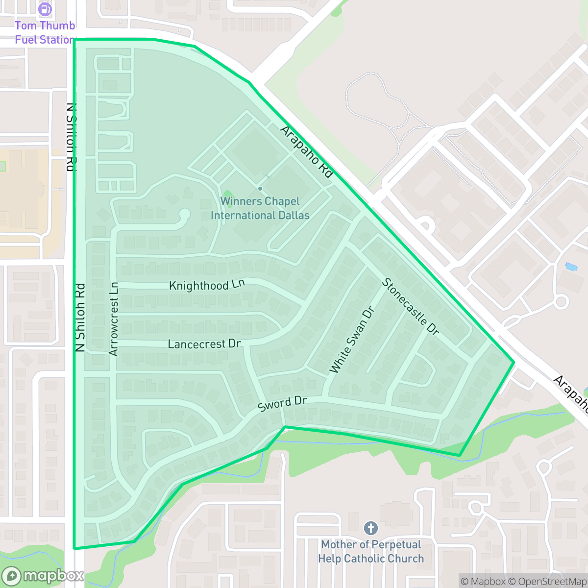 Map showing the location of Camelot Community, Garland, TX