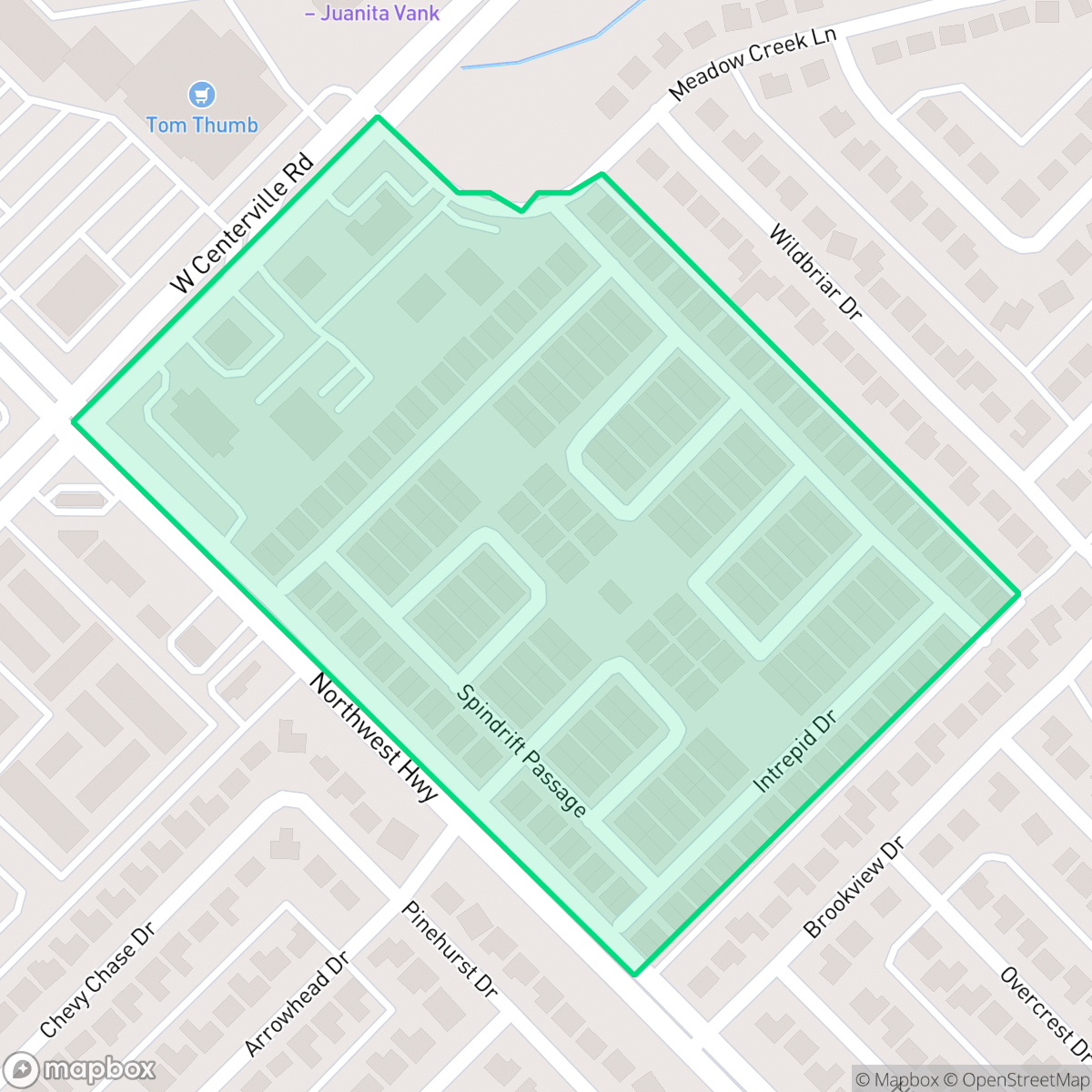 Map showing the location of Meadowcreek Village, Garland, TX