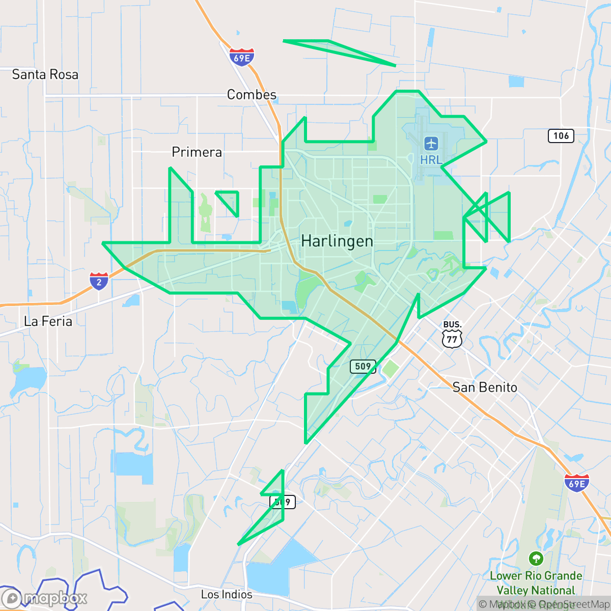 Map showing the location of Harlingen, TX — coverage area