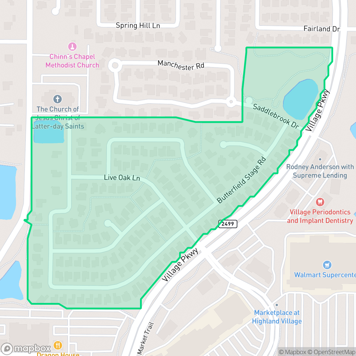 Map showing the location of Rolling Hills Phase I, Highland Village, TX