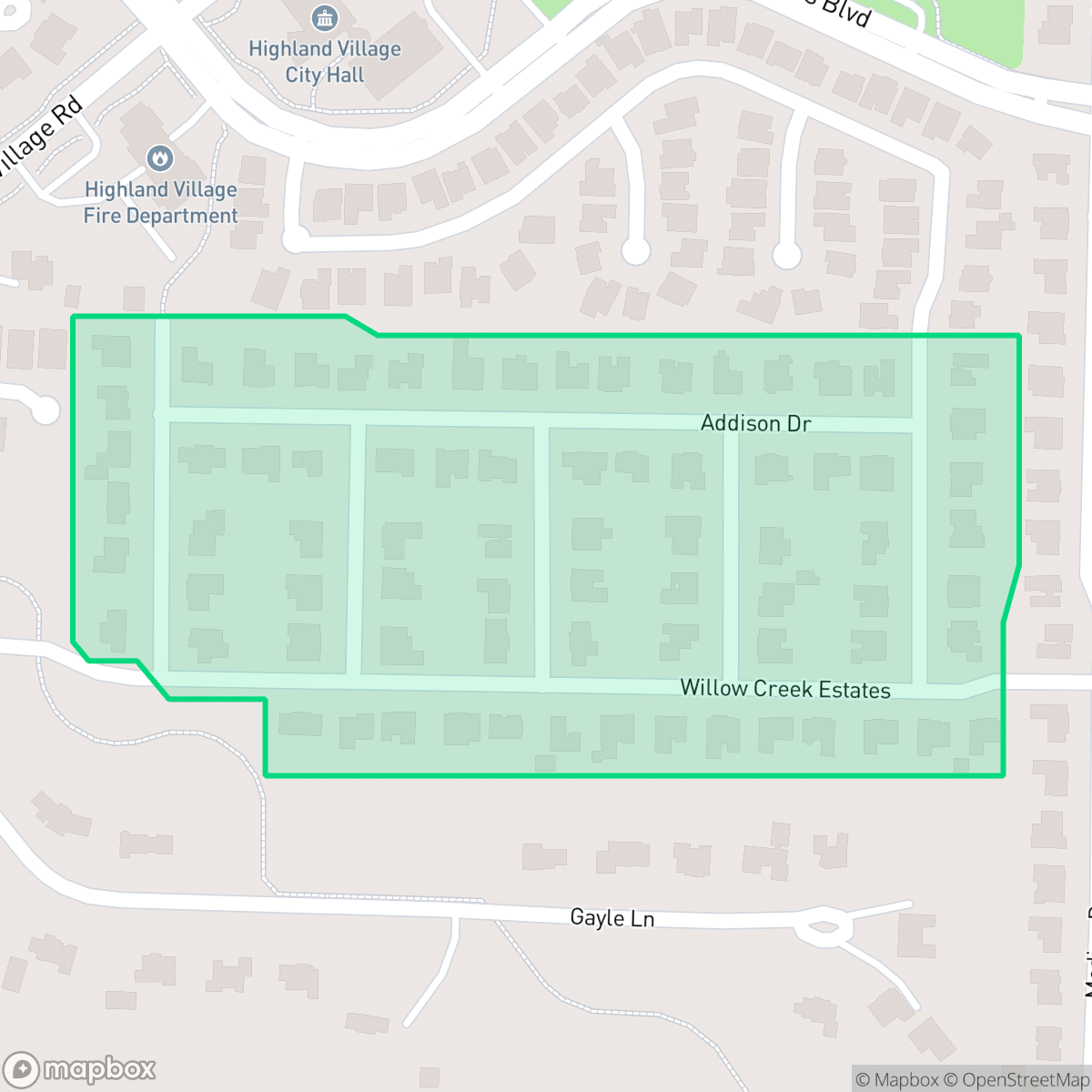 Map showing the location of Willow Creek Estates, Highland Village, TX