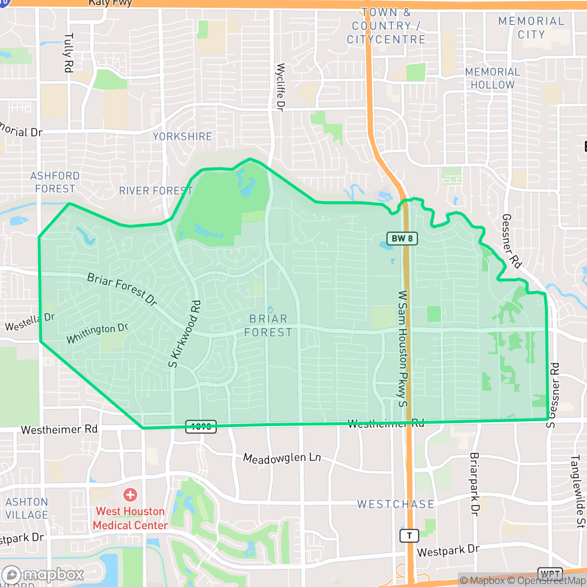 Map showing the location of Briarforest Area, Houston, TX