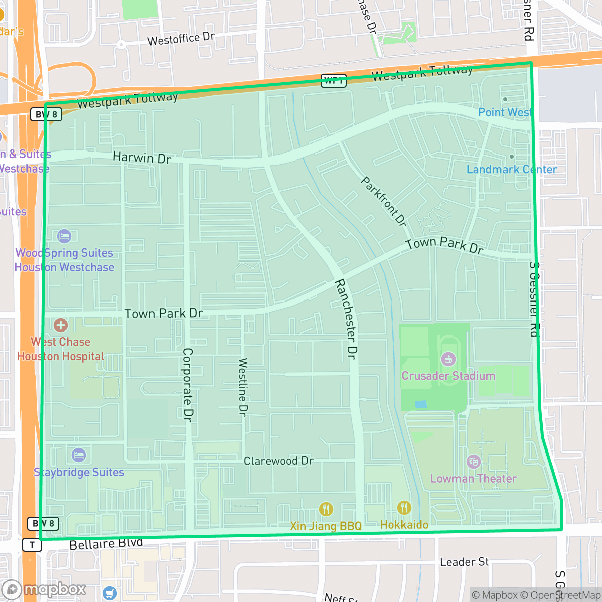 Map showing the location of Chinatown, Houston, TX