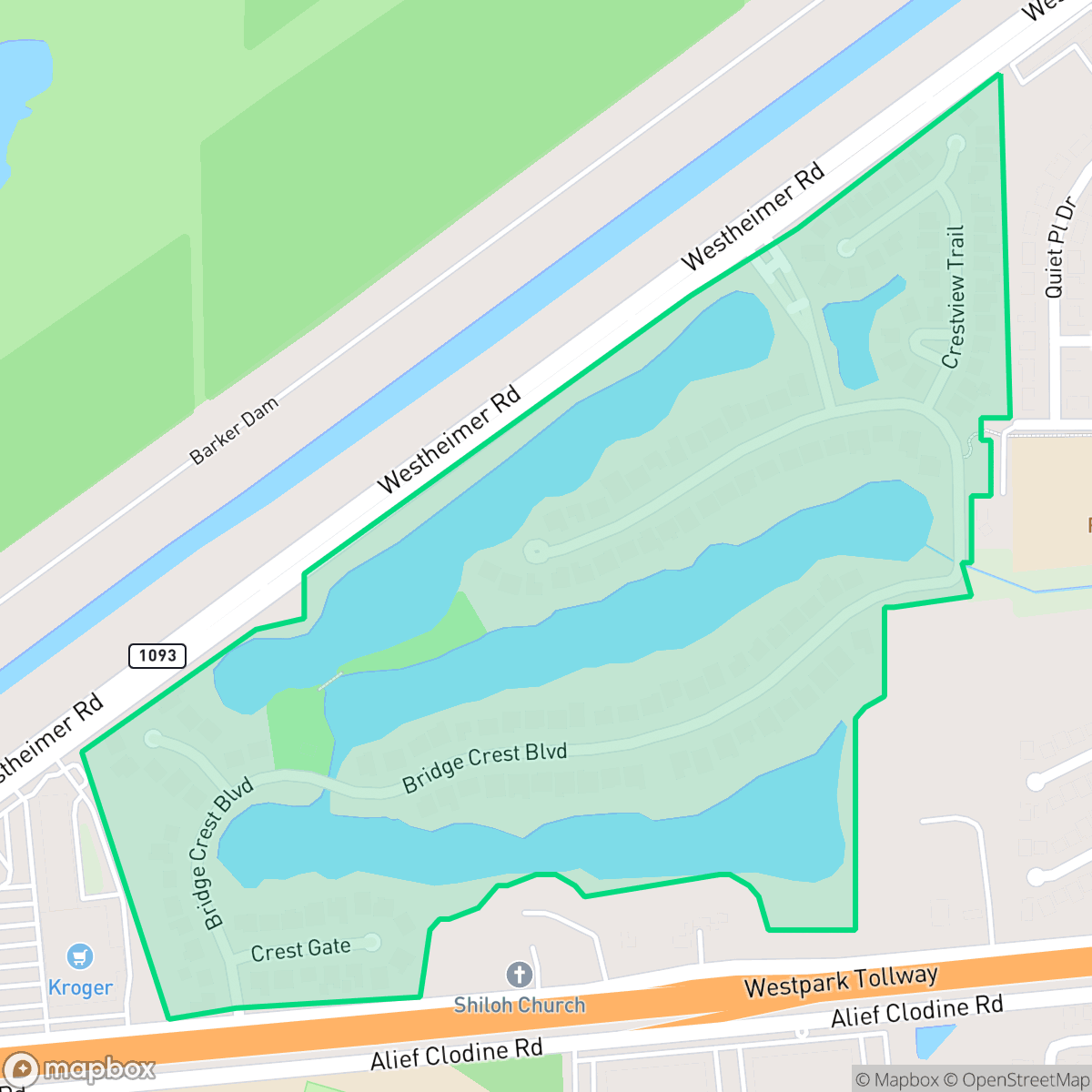 Map showing the location of Crestwater, Houston, TX
