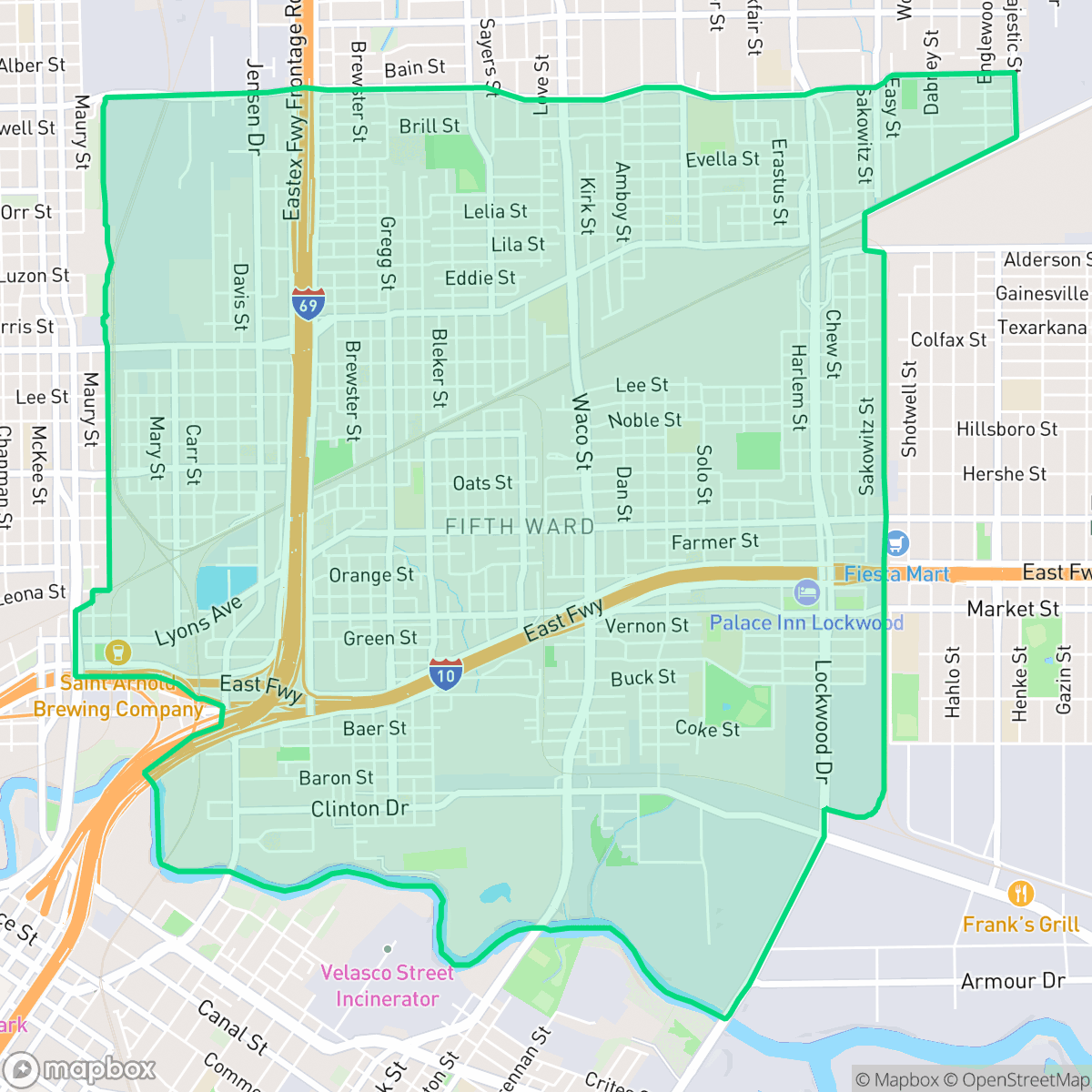 Map showing the location of Greater Fifth Ward, Houston, TX