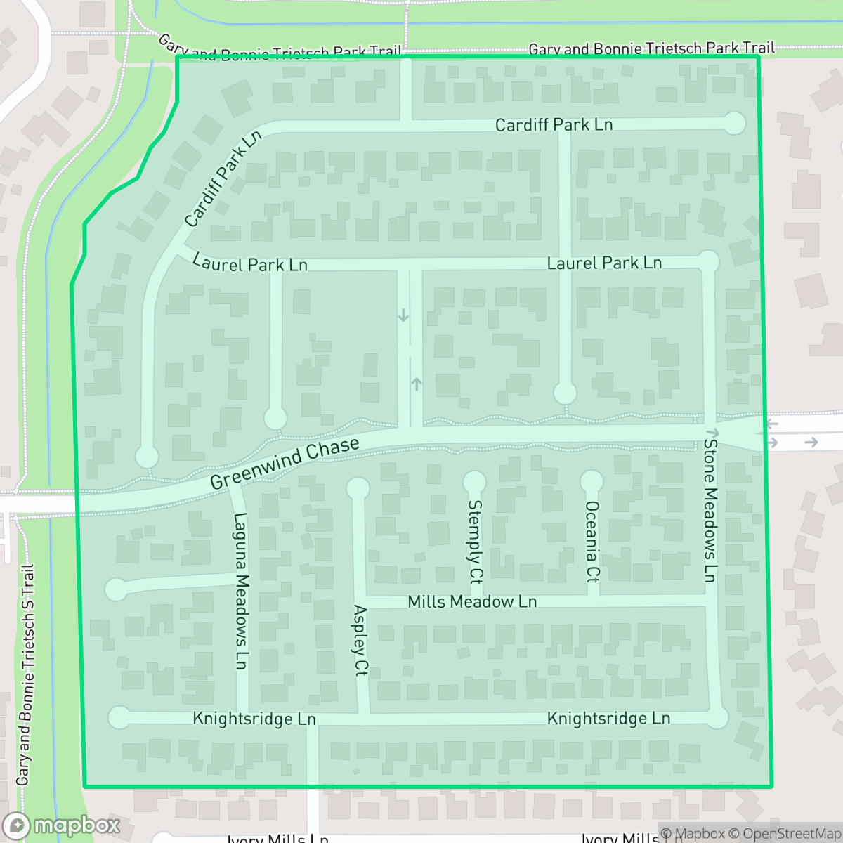 Map showing the location of Green Trails Village, Houston, TX