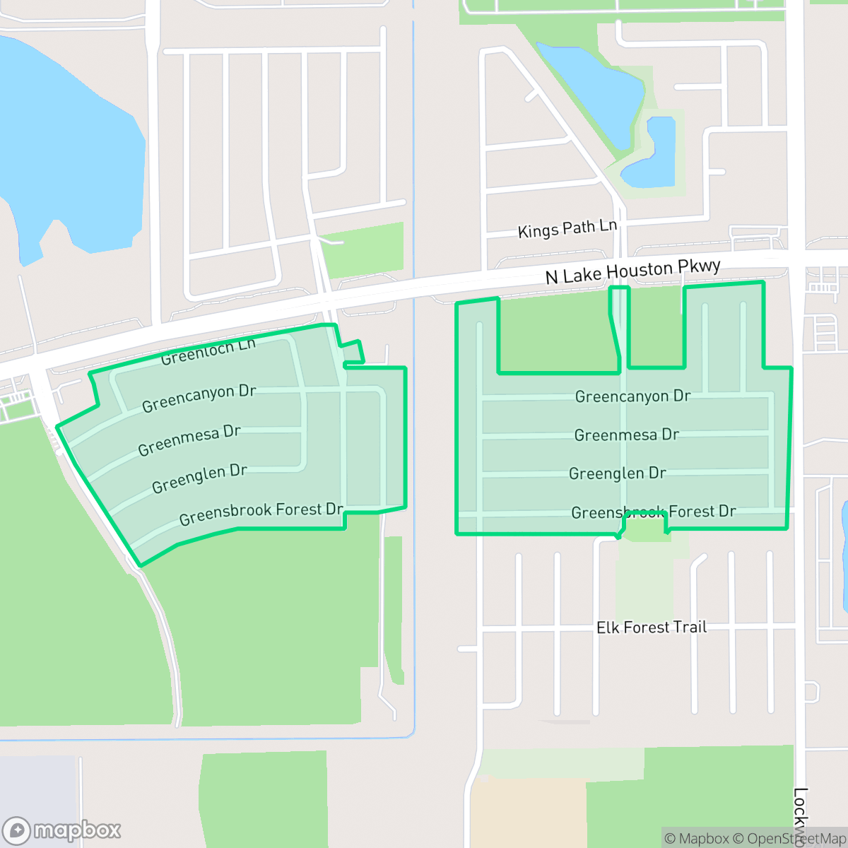 Map showing the location of Greensbrook, Houston, TX