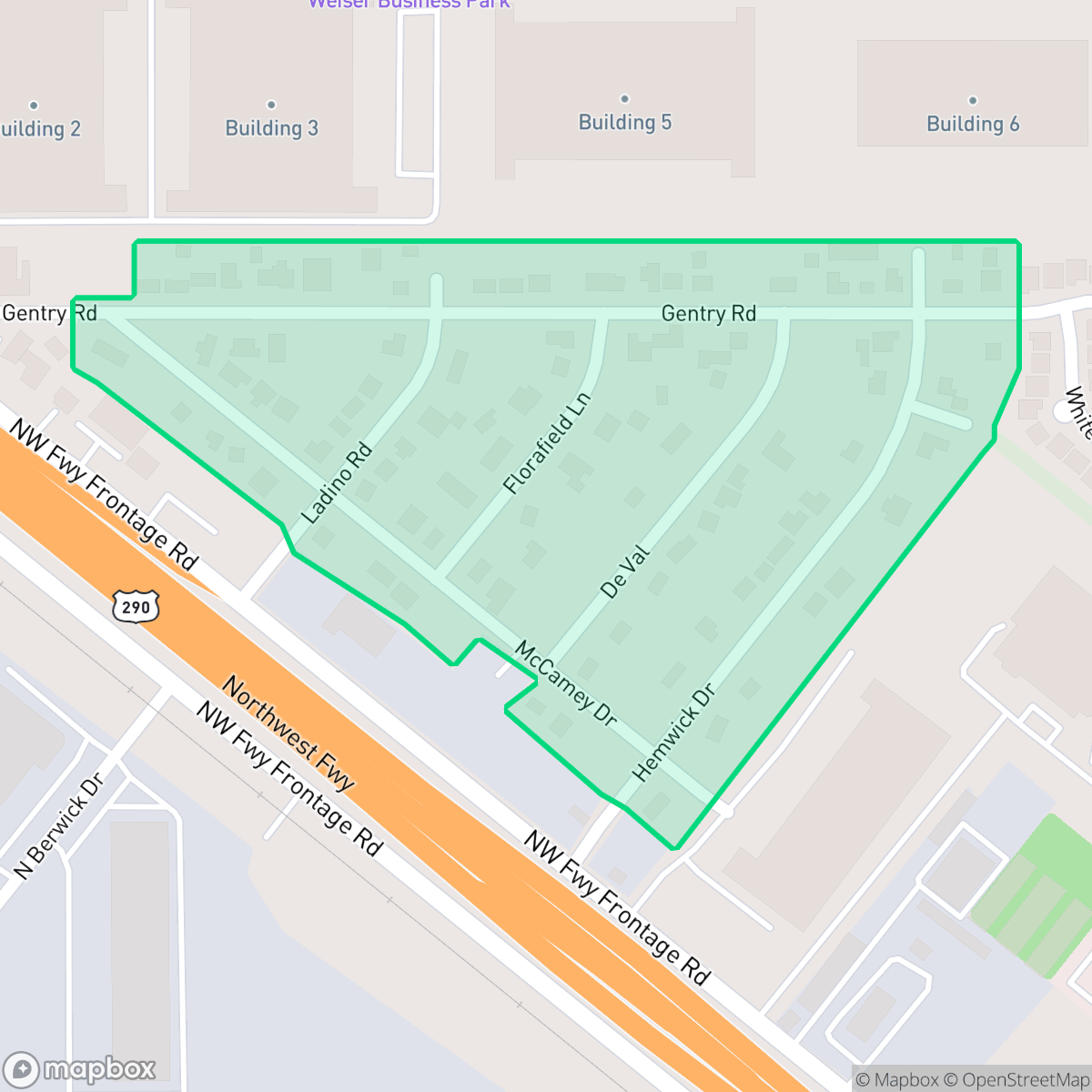 Map showing the location of Hemwick Place, Houston, TX