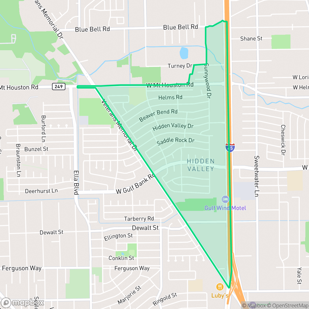 Map showing the location of Hidden Valley, Houston, TX