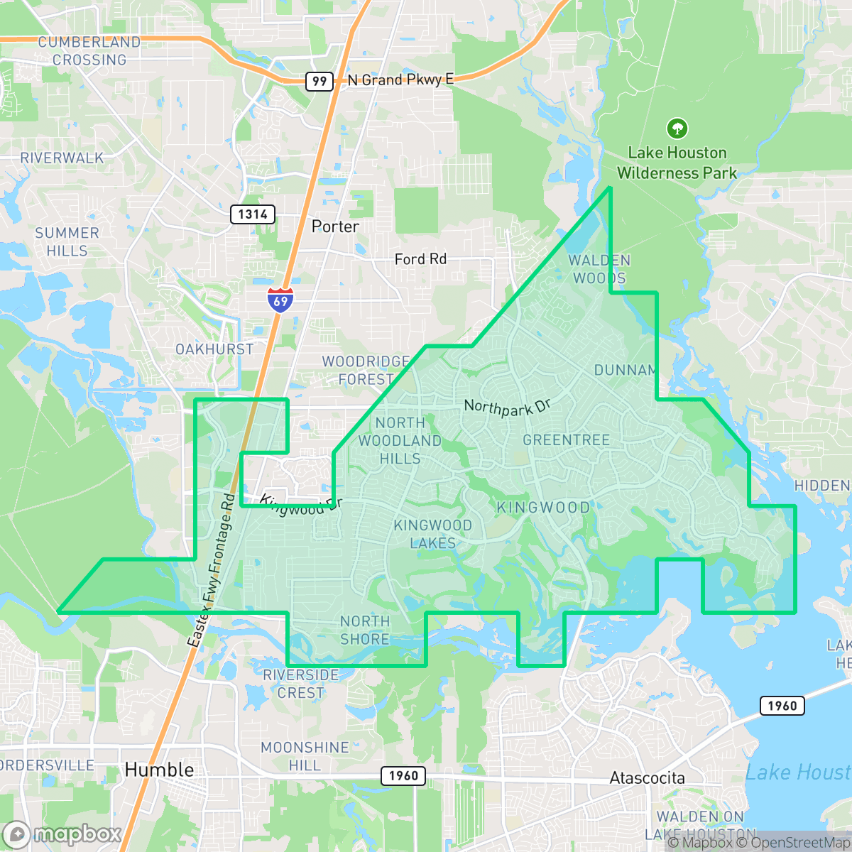 Map showing the location of Kingwood, Houston, TX