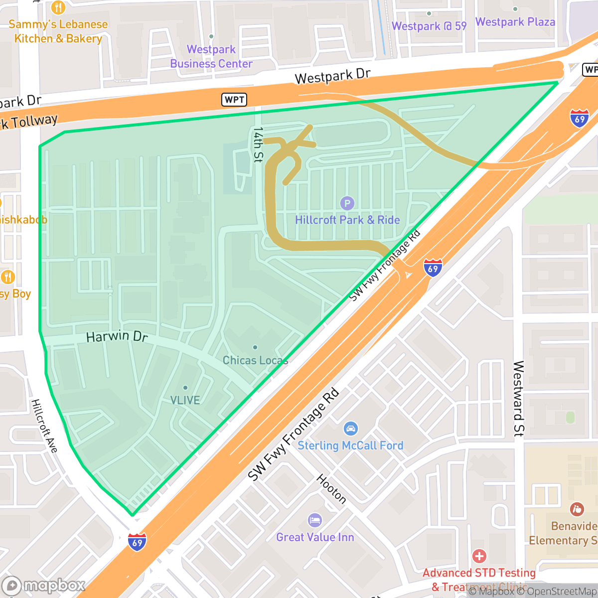 Map showing the location of Mahatma Gandhi District, Houston, TX