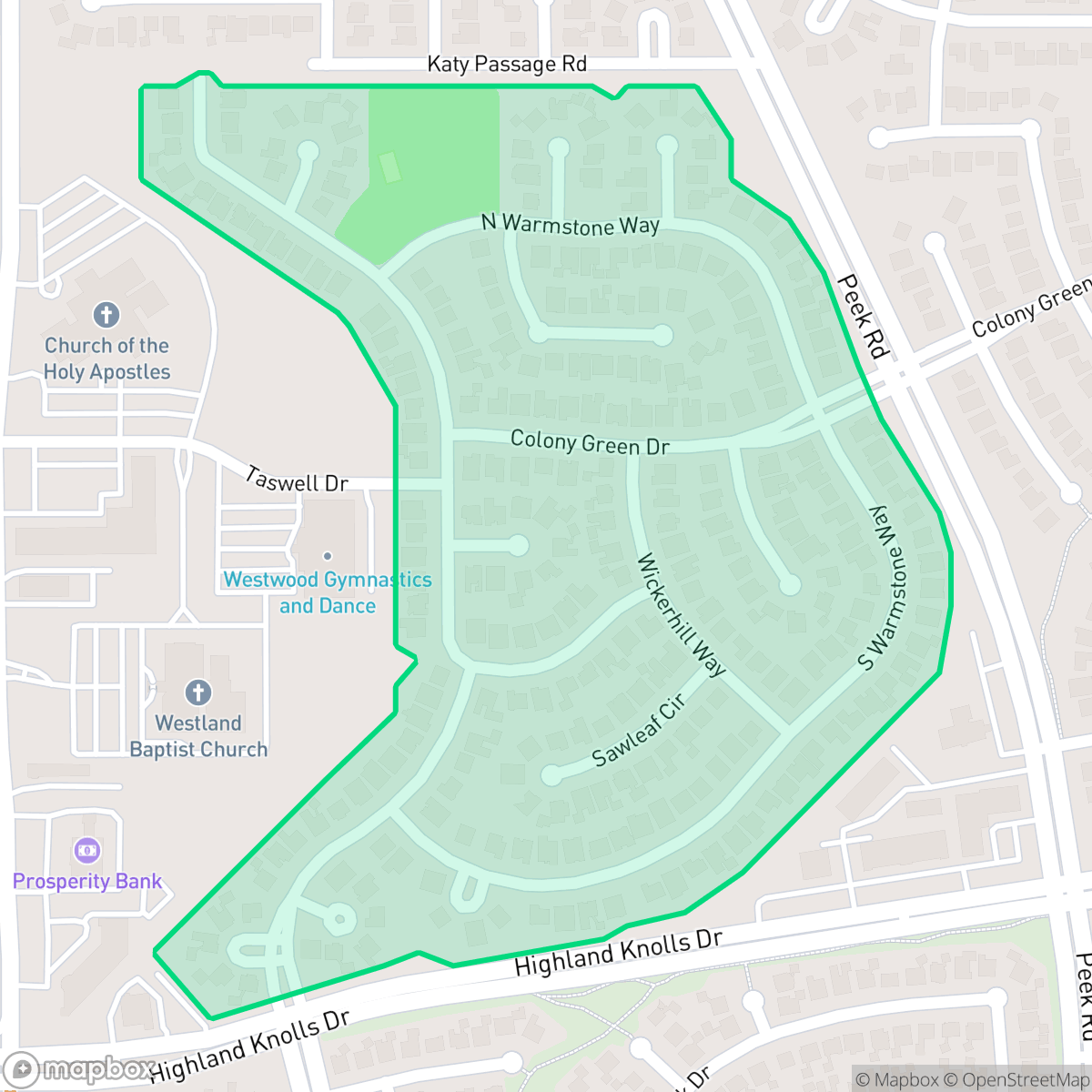 Map showing the location of Meadow Green, Houston, TX