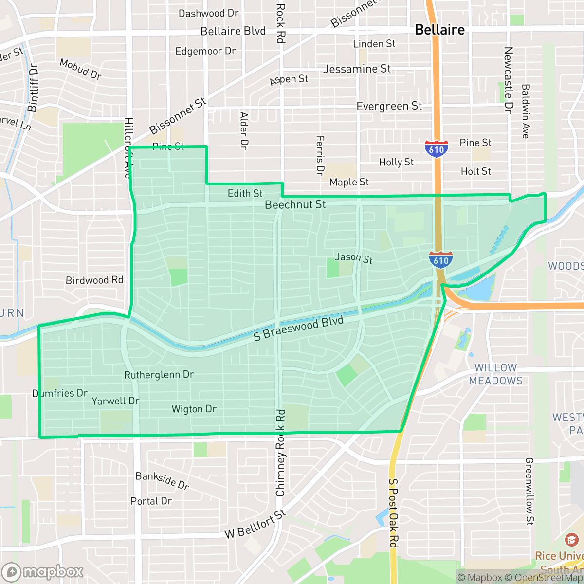 Map showing the location of Meyerland Area, Houston, TX