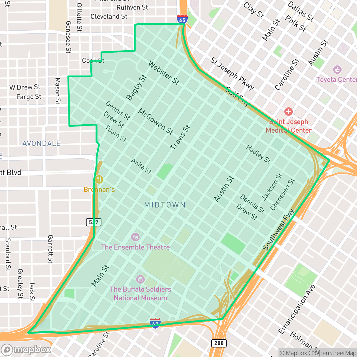 Map showing the location of Midtown, Houston, TX