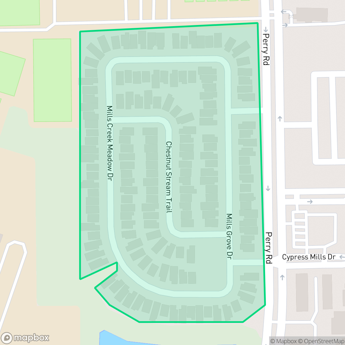 Map showing the location of Mills Creek Crossing, Houston, TX