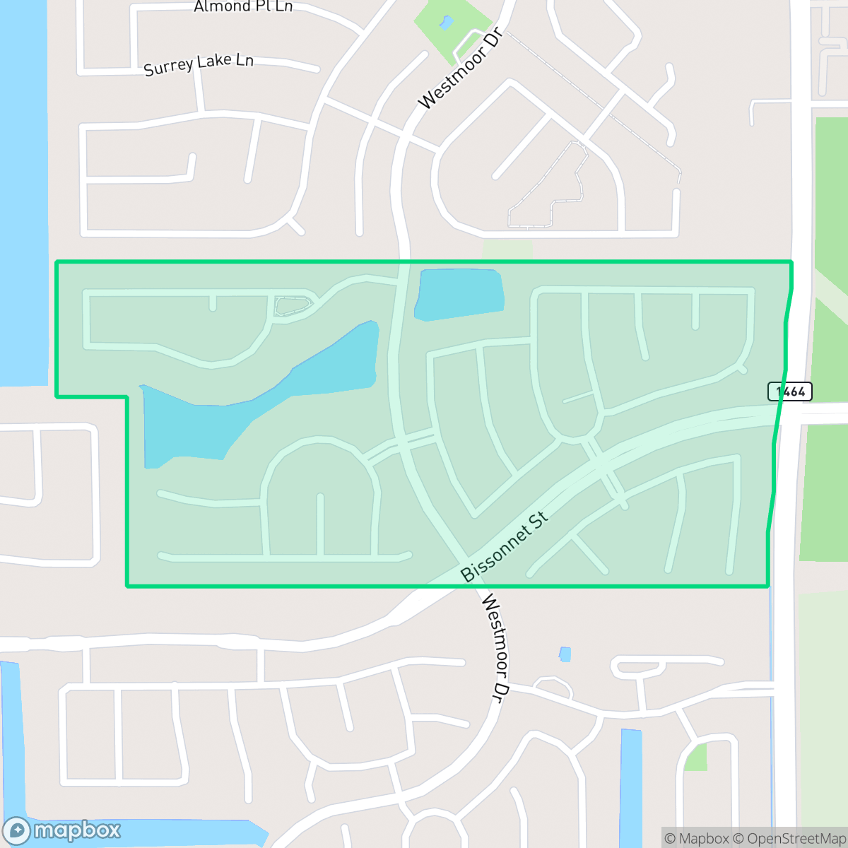 Map showing the location of Mission Trace, Houston, TX
