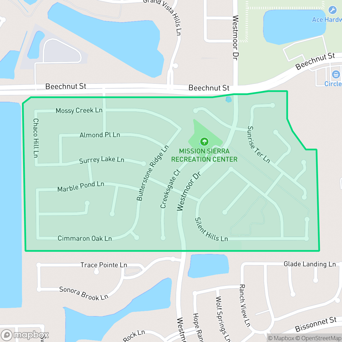 Map showing the location of Misson Sierra, Houston, TX