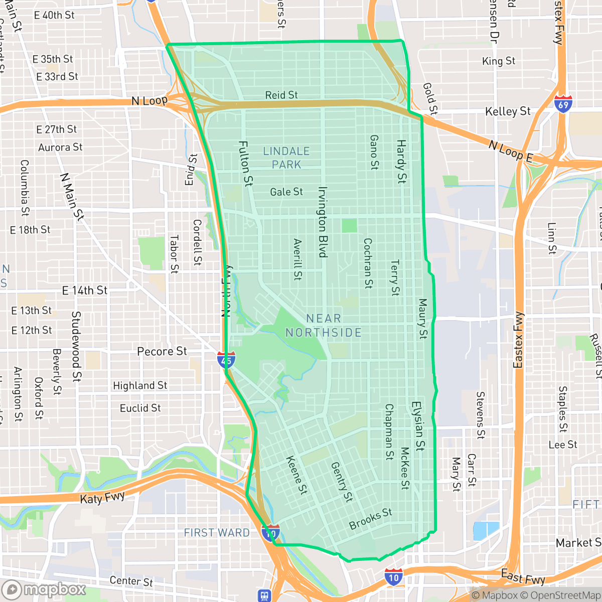 Map showing the location of Northside Village, Houston, TX