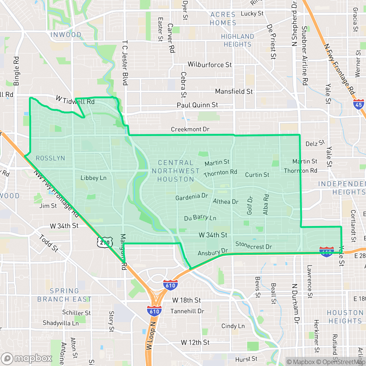 Map showing the location of Oak Forest - Garden Oaks, Houston, TX