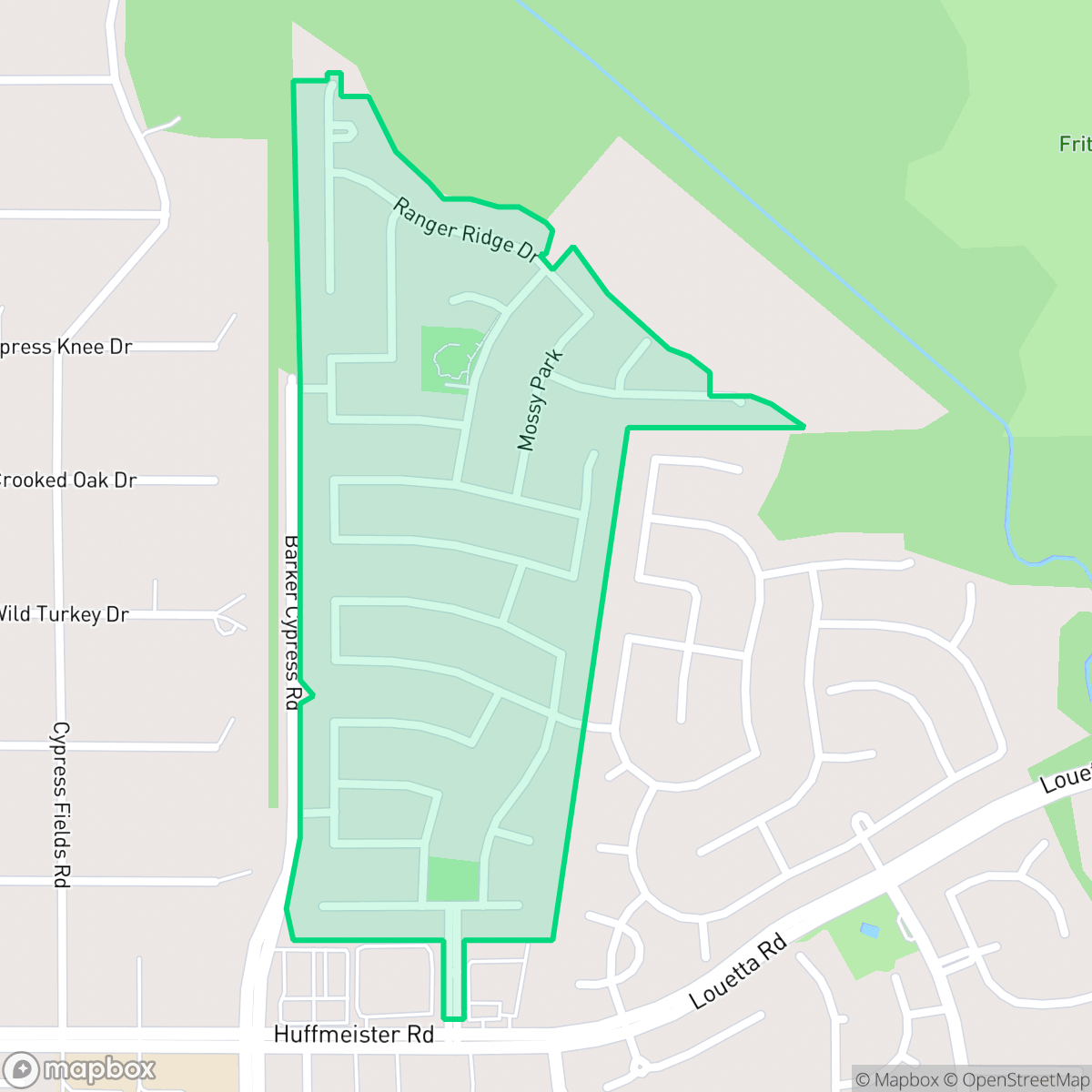 Map showing the location of Park Creek, Houston, TX