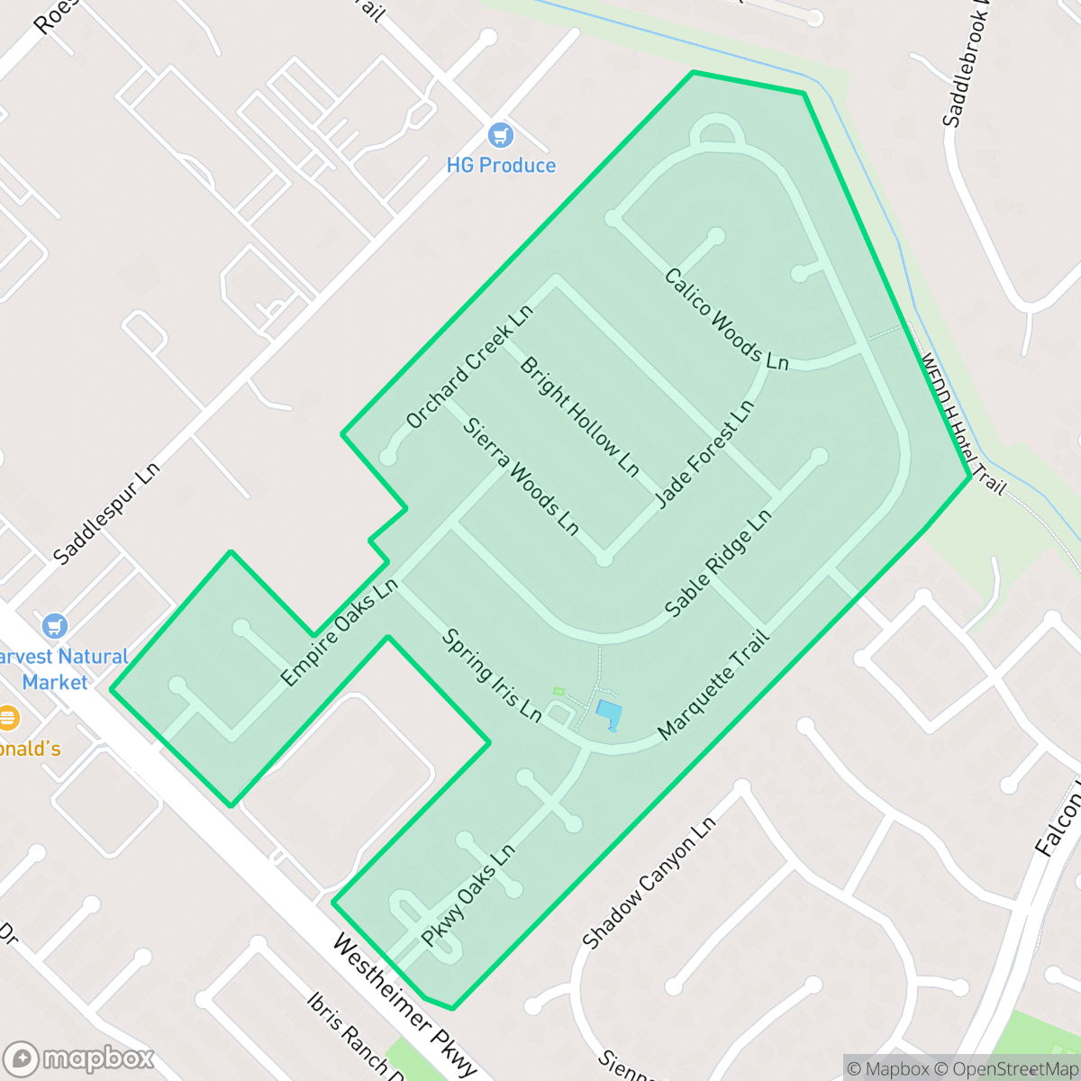 Map showing the location of Parkway Oaks, Houston, TX