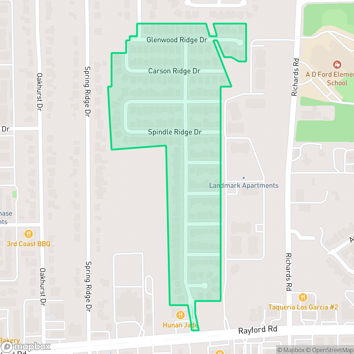 Map showing the location of Rayford Ridge, Houston, TX