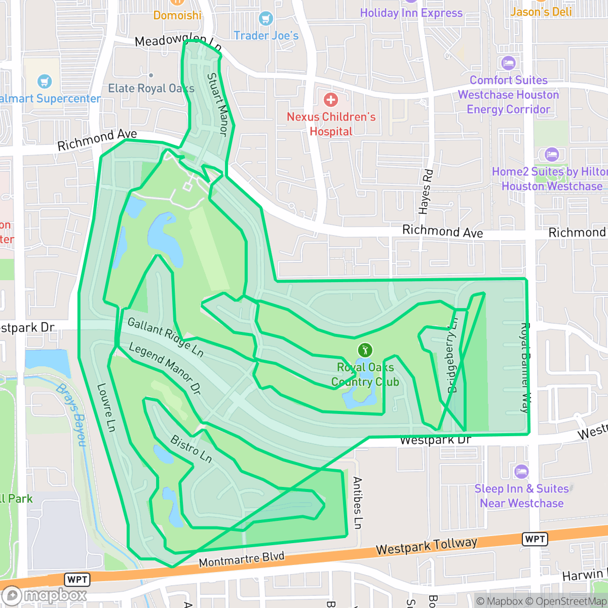 Map showing the location of Royal Oaks Country Club, Houston, TX