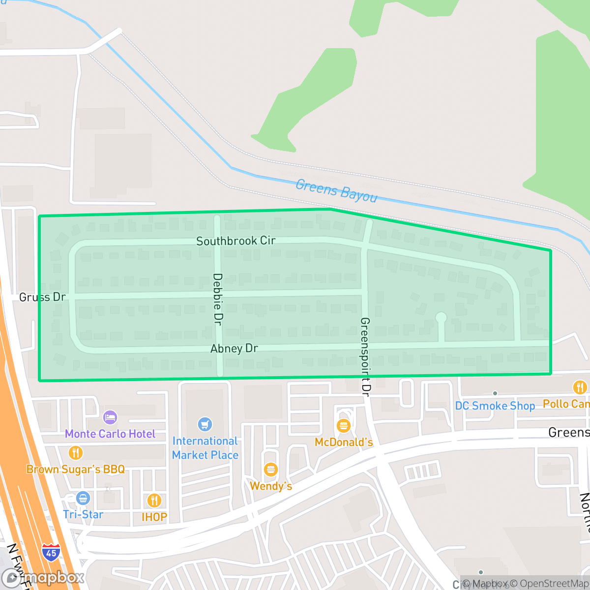 Map showing the location of Southbrook, Houston, TX