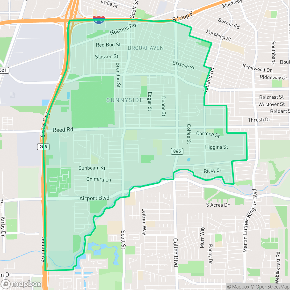Map showing the location of Sunnyside, Houston, TX