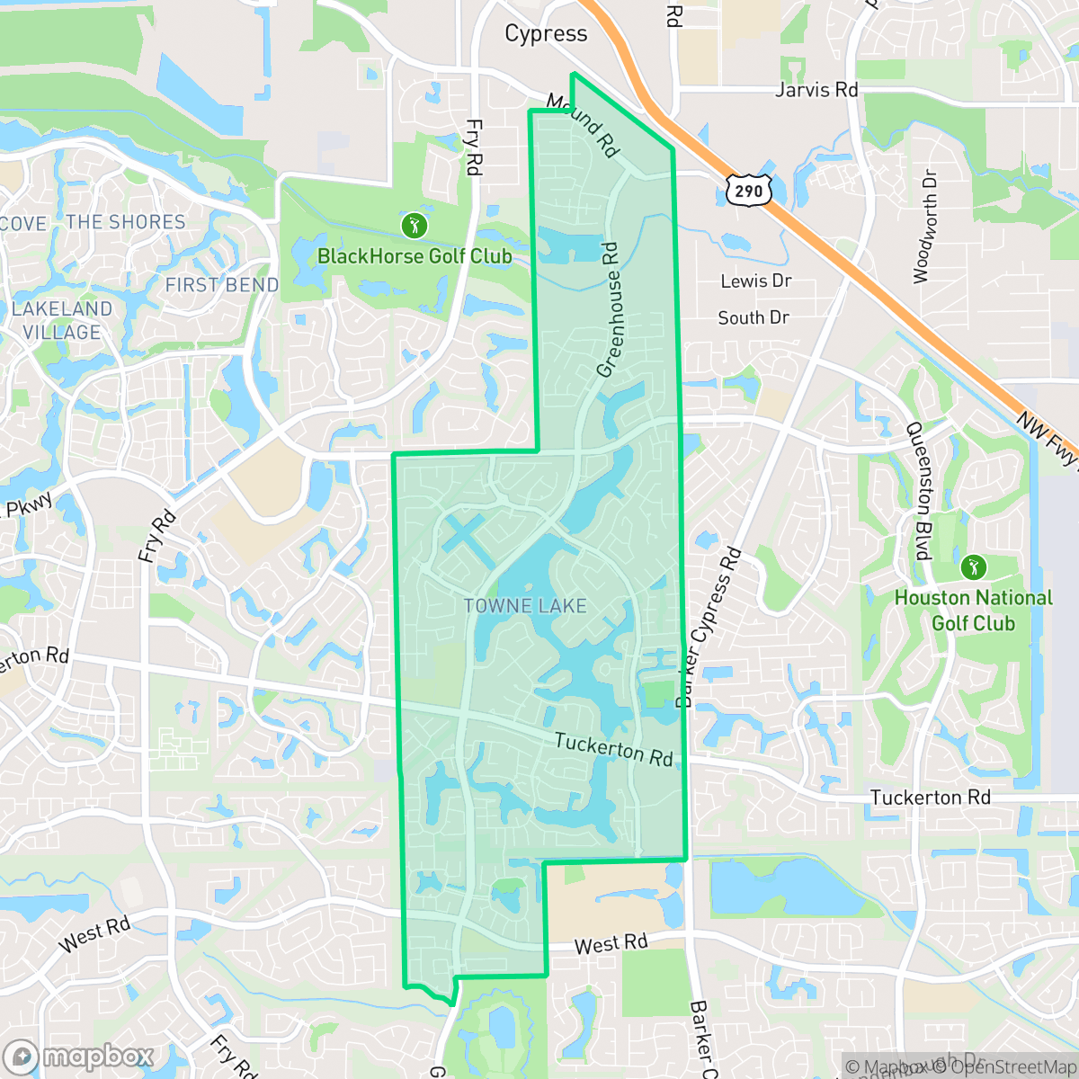 Map showing the location of Towne Lake, Houston, TX