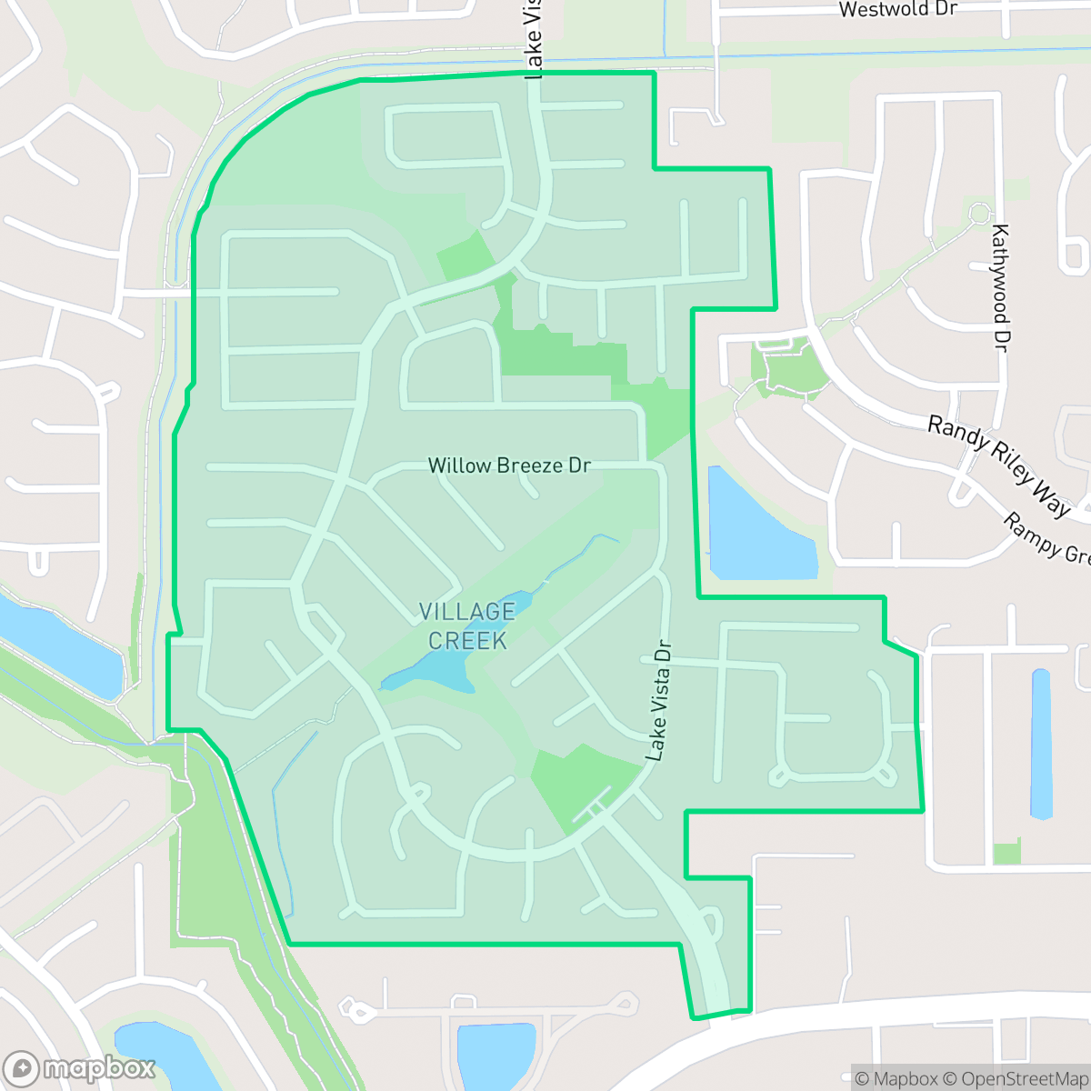Map showing the location of Village Creek, Houston, TX