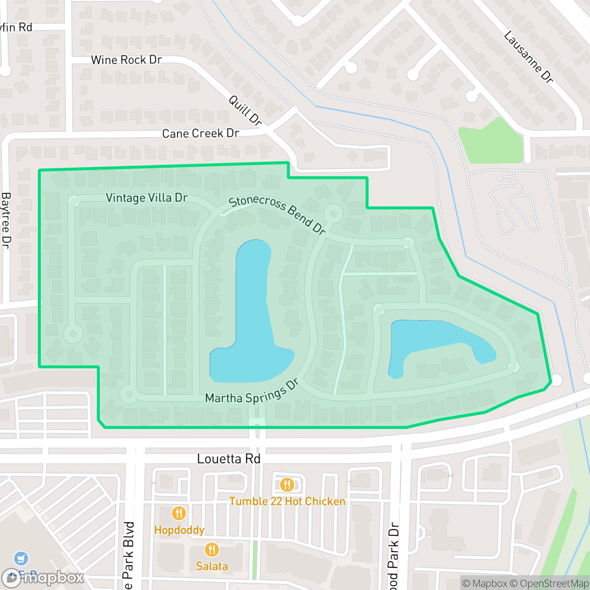Map showing the location of Vintage Lakes, Houston, TX