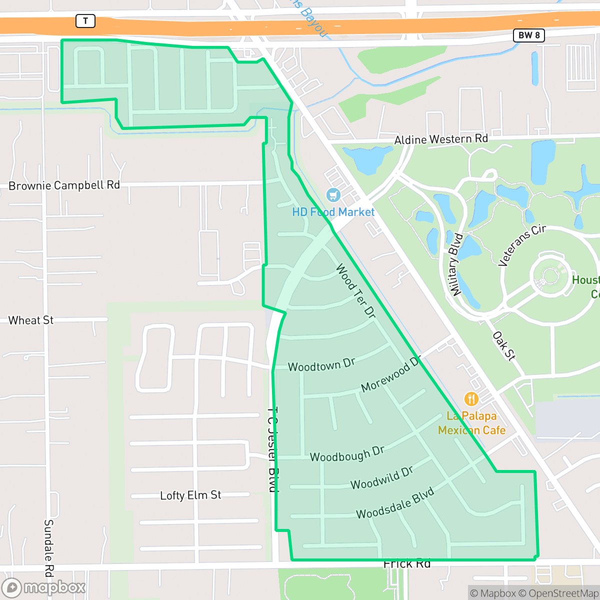 Map showing the location of Woodgate, Houston, TX