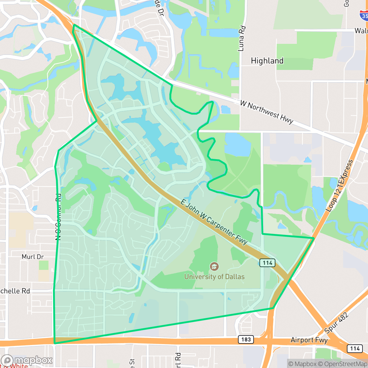 Map showing the location of Las Colinas Urban Center, Irving, TX