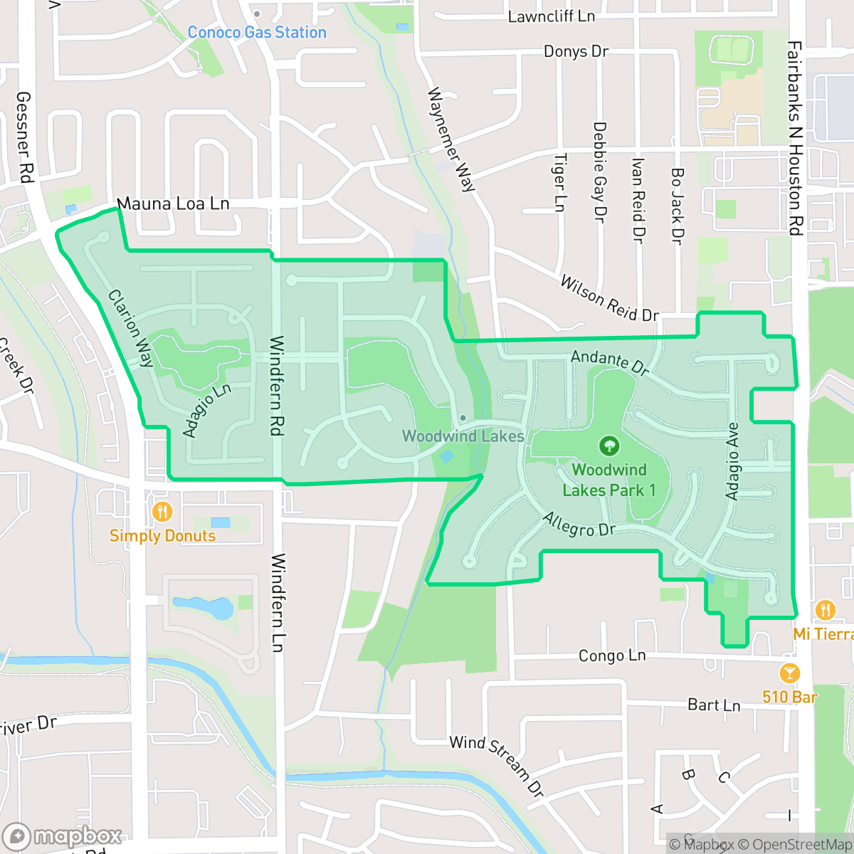 Map showing the location of Woodwind Lakes, Jersey Village, TX