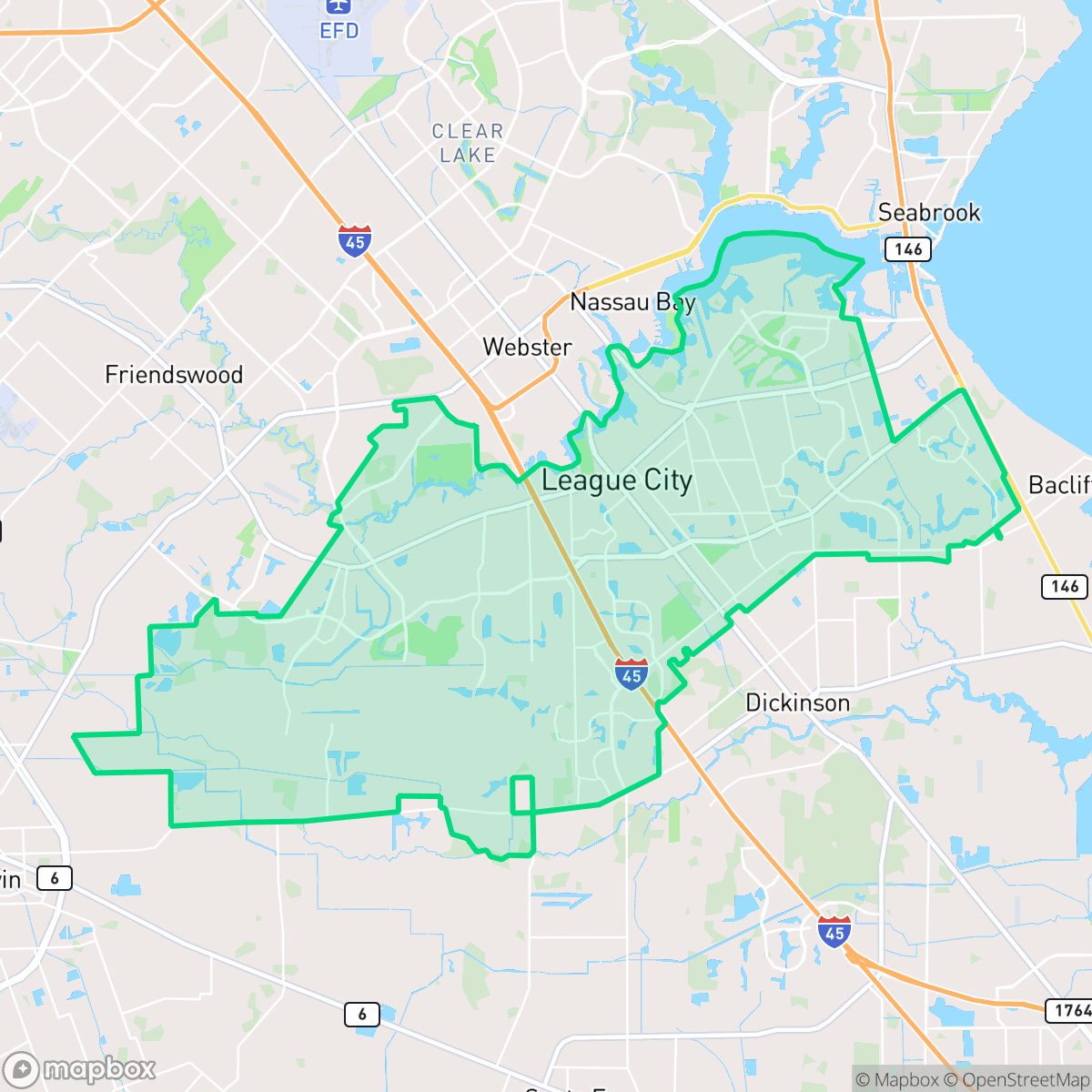Map showing the location of League City, TX — coverage area