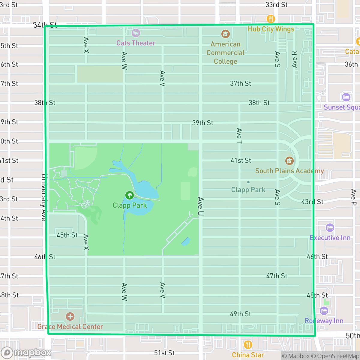 Map showing the location of Clapp Park, Lubbock, TX