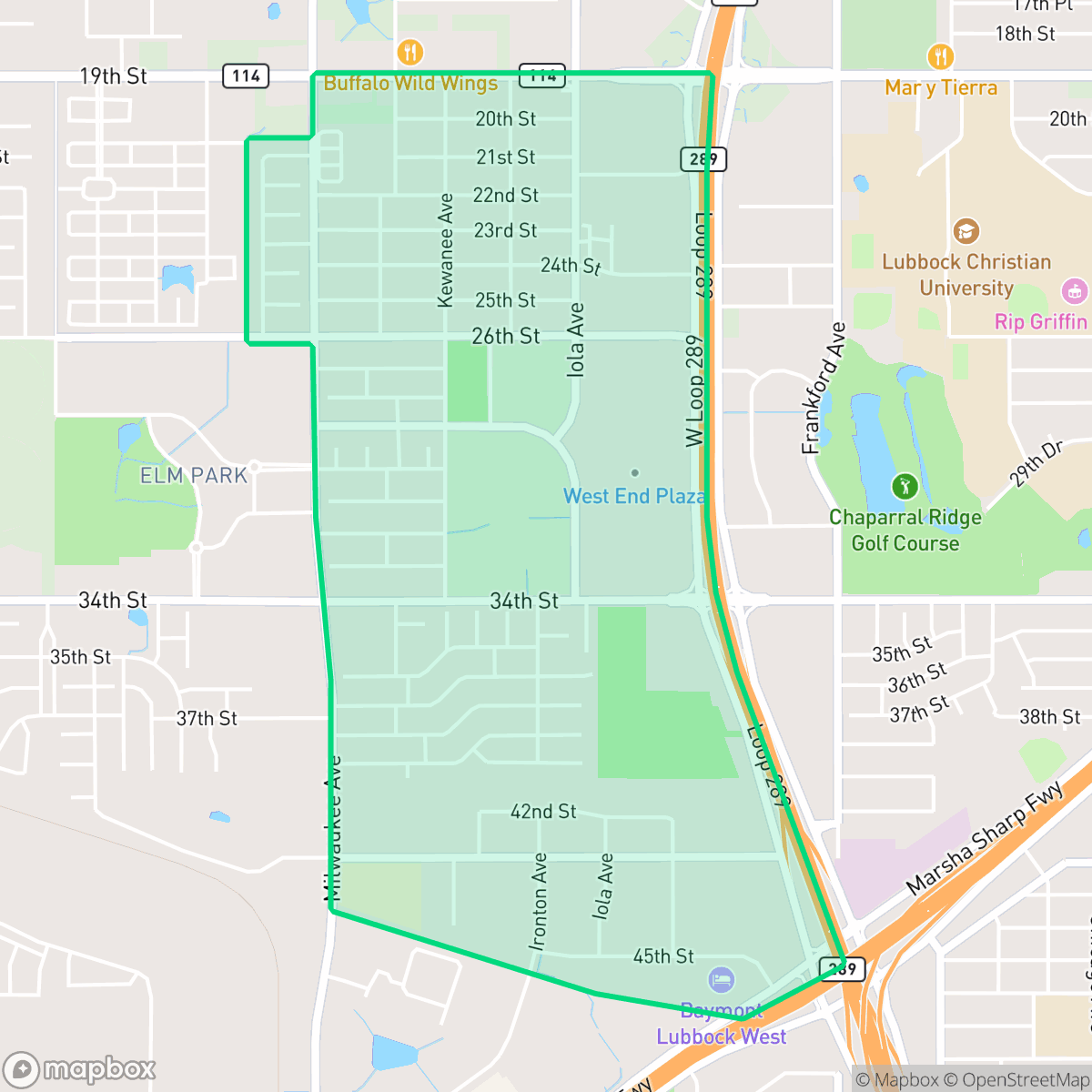 Map showing the location of West End, Lubbock, TX