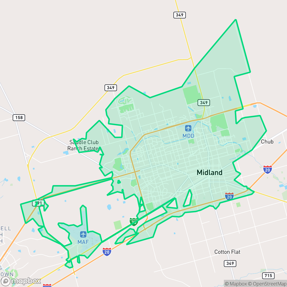 Map showing the location of Midland, TX — coverage area