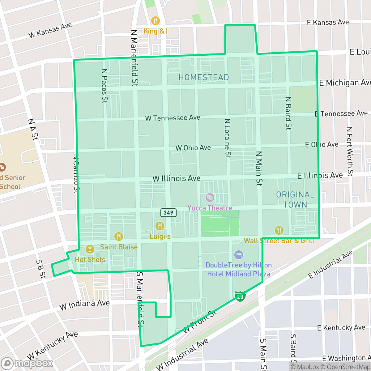 Map showing the location of Downtown Midland Management District, Midland, TX